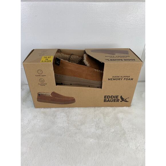Eddie Bauer Men's Suede Memory Foam Faux Fur Slippers Brown M (8-9) - Picture 1 of 5